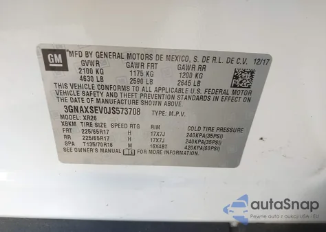 2018 Chevrolet Equinox Lt из США, поврежденный, VIN 3GNAXSEV0JS573708